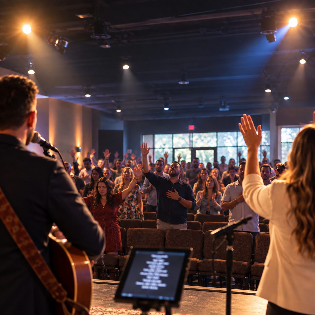 A church family worshipping together with raised hands - there's a place for you at Victory Chapel Clay