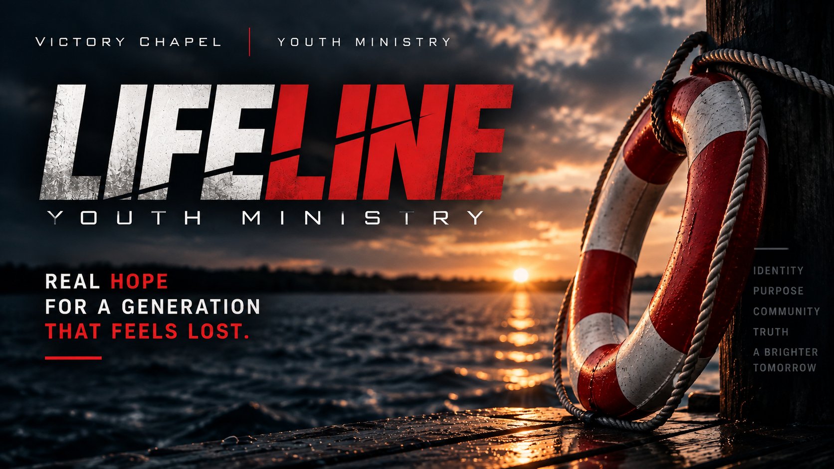 Lifeline Youth Group - a life ring hanging on a dock at sunset; real hope for a generation that feels lost