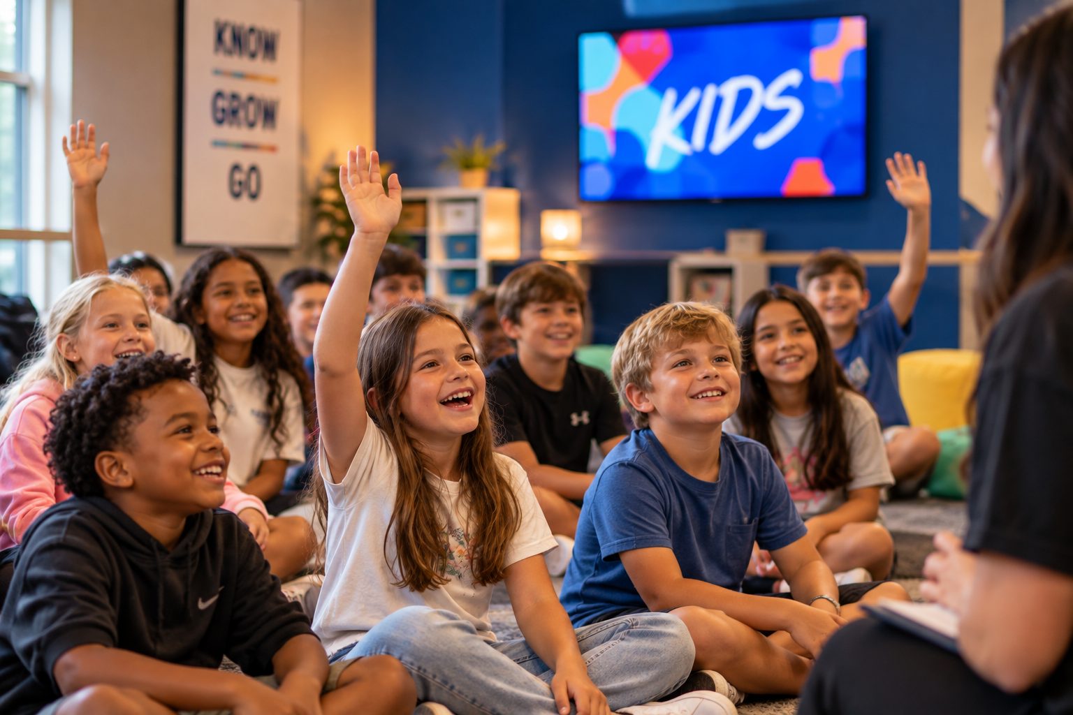 Elementary-age kids raising their hands during children's church