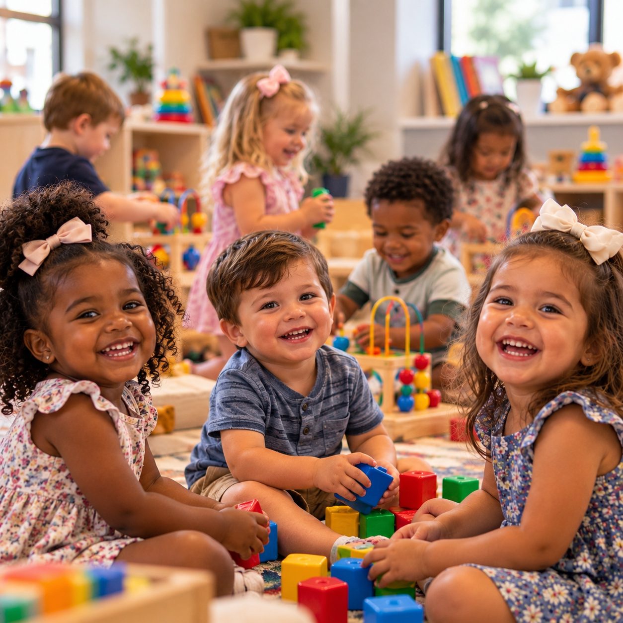Toddlers playing with colorful blocks in the VC Kids nursery