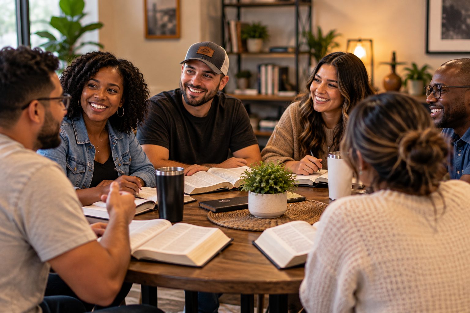 Friends laughing together around a table with open Bibles
